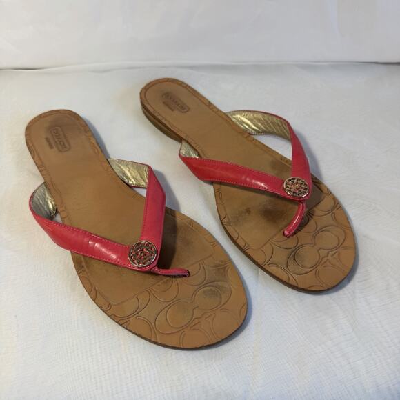 Coach Leather Sara Sandals Hot Pink Flip Flops Women's Size 11 B - Picture 2 of 8
